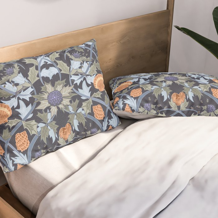 Beach thistle and shells dark navy Pillow Sham Gallery Image 2