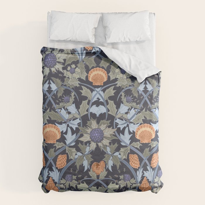 Beach thistle and shells dark navy Duvet Cover Gallery Image 1