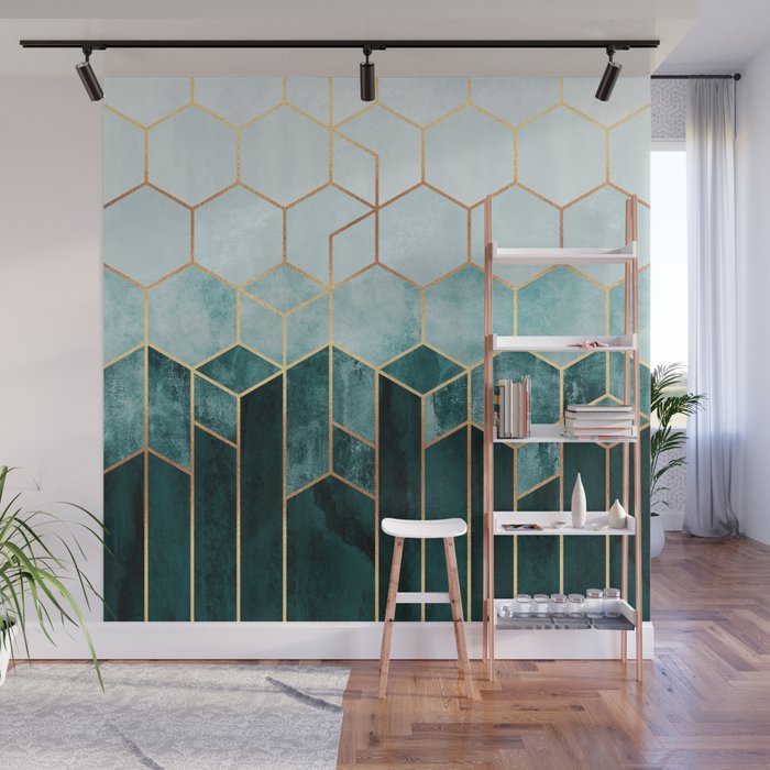 Teal Hexagons Wall Mural Gallery Image 1