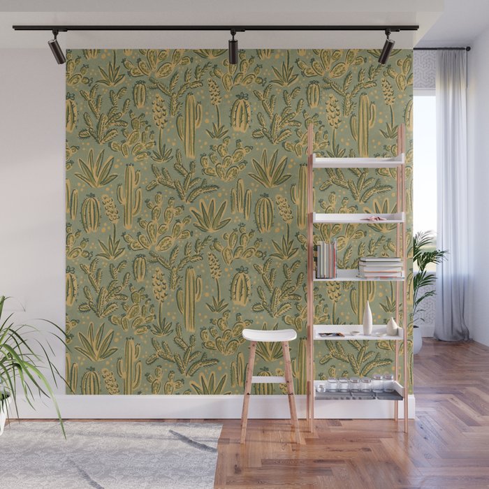 Cactus Desert - green and gold Wall Mural Gallery Image 1