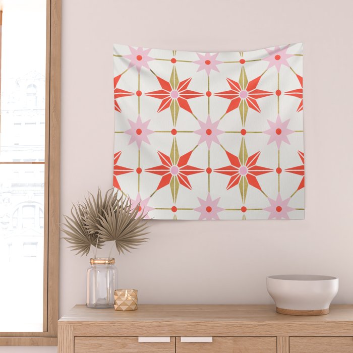 Starburst Mosaic - Coral & Gold Palette Wall Tapestry Gallery Image 2