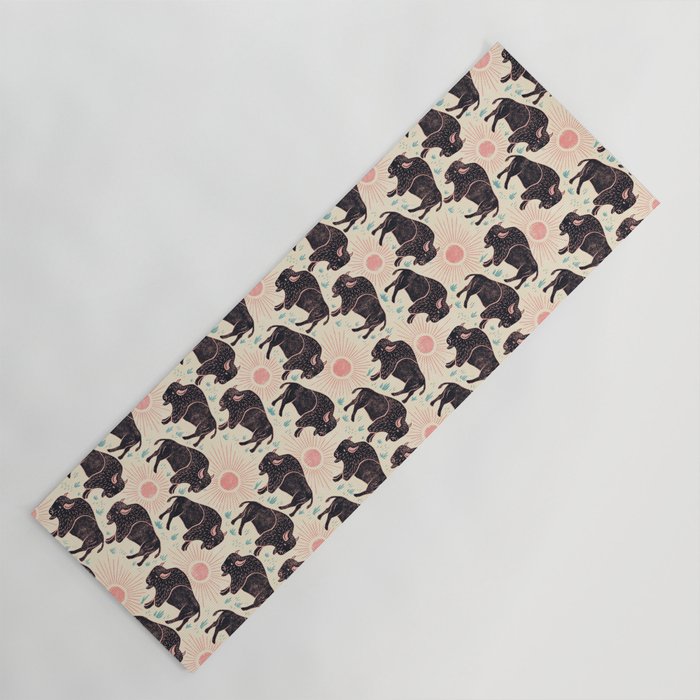 Bison - black, pink, teal, on cream Yoga Mat Gallery Image 1