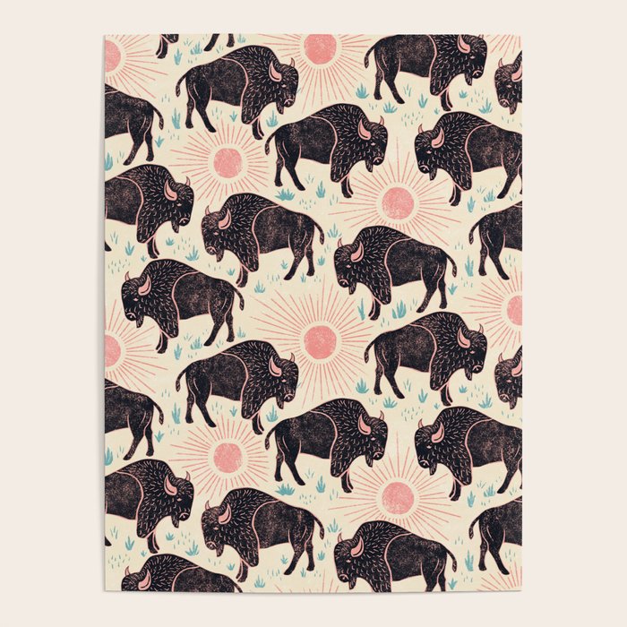 Bison - black, pink, teal, on cream Poster Gallery Image 4