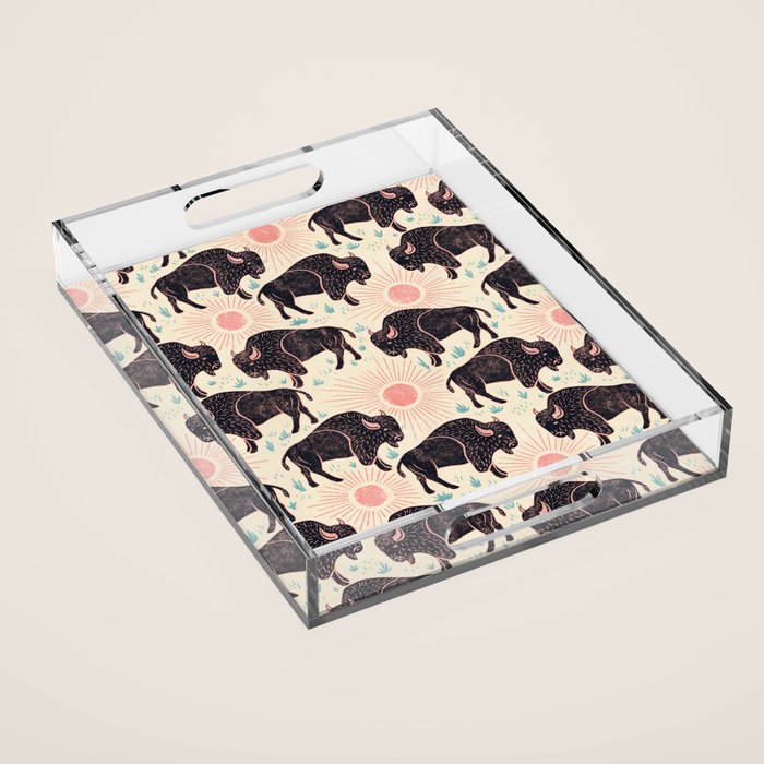 Bison - black, pink, teal, on cream Acrylic Tray Gallery Image 1