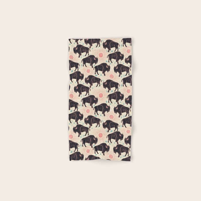 Bison - black, pink, teal, on cream Bath Towel Gallery Image 1