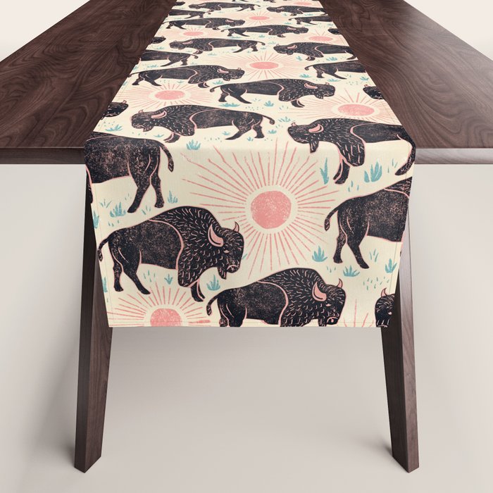 Bison - black, pink, teal, on cream Table Runner Gallery Image 1