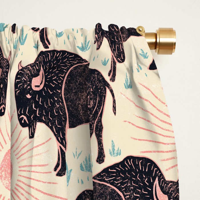 Bison - black, pink, teal, on cream Window Curtain Gallery Image 2