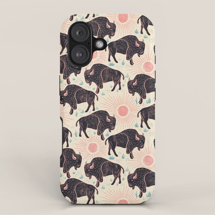 Bison - black, pink, teal, on cream iPhone Case Gallery Image 1