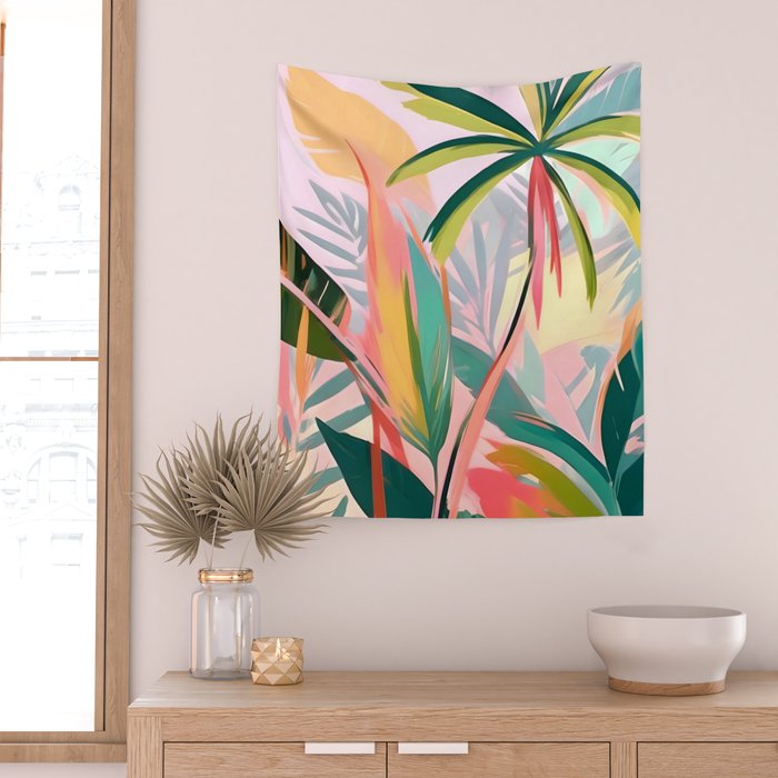 Tropical Jewels, Pastel Jungle Botanical Pastel, Bohemian Eclectic Plants Palms, Exotic Forest Nature Painting Wall Tapestry Gallery Image 2