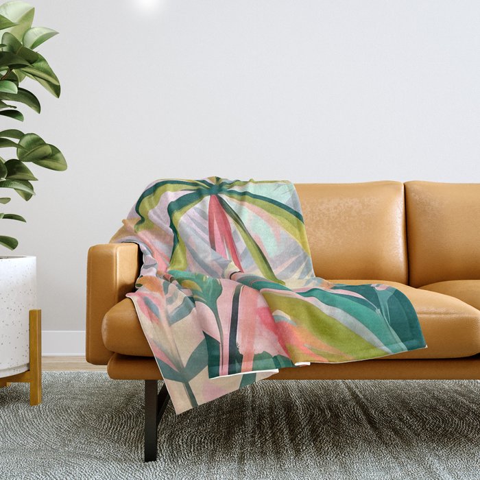 Tropical Jewels, Pastel Jungle Botanical Pastel, Bohemian Eclectic Plants Palms, Exotic Forest Nature Painting Throw Blanket Gallery Image 1