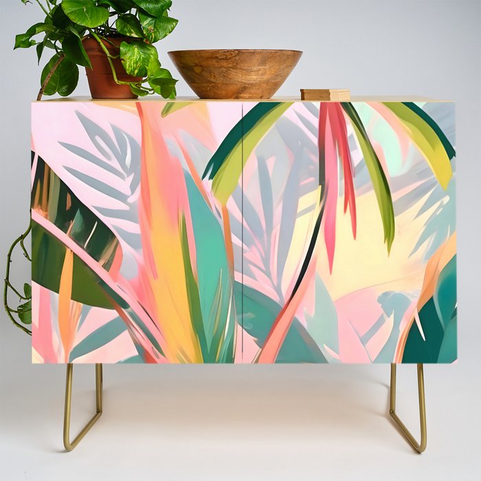 Tropical Jewels, Pastel Jungle Botanical Pastel, Bohemian Eclectic Plants Palms, Exotic Forest Nature Painting Credenza Gallery Image 1