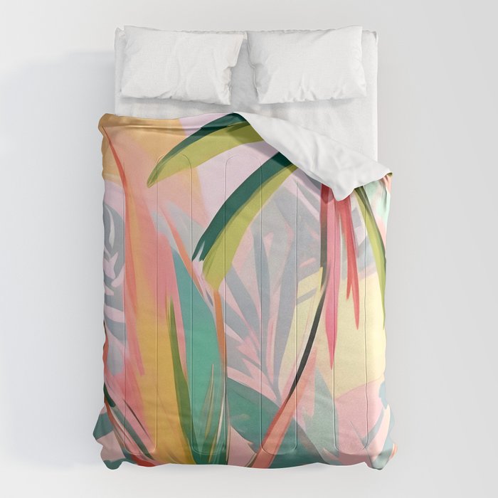 Tropical Jewels, Pastel Jungle Botanical Pastel, Bohemian Eclectic Plants Palms, Exotic Forest Nature Painting Comforter Gallery Image 6