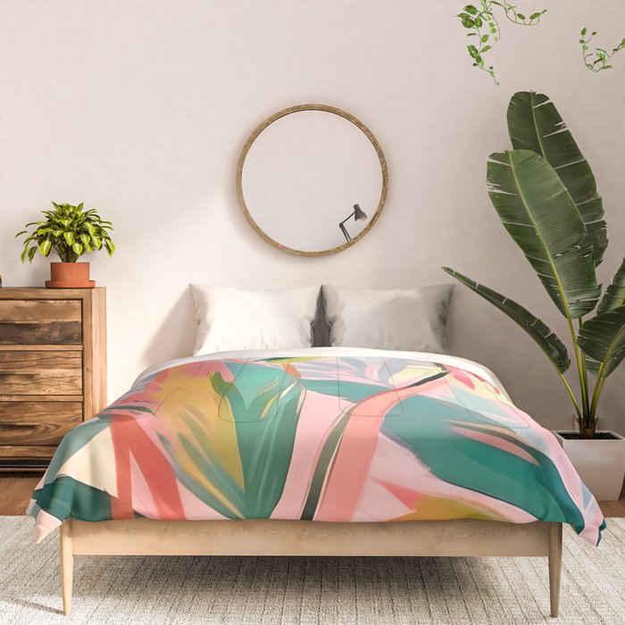 Tropical Jewels, Pastel Jungle Botanical Pastel, Bohemian Eclectic Plants Palms, Exotic Forest Nature Painting Comforter Gallery Image 3