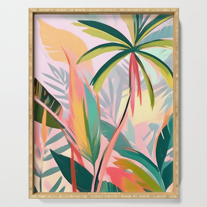 Tropical Jewels, Pastel Jungle Botanical Pastel, Bohemian Eclectic Plants Palms, Exotic Forest Nature Painting Serving Tray Gallery Image 1
