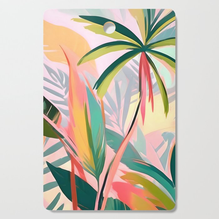 Tropical Jewels, Pastel Jungle Botanical Pastel, Bohemian Eclectic Plants Palms, Exotic Forest Nature Painting Cutting Board Gallery Image 1