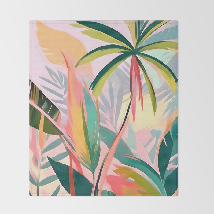 Tropical Jewels, Pastel Jungle Botanical Pastel, Bohemian Eclectic Plants Palms, Exotic Forest Nature Painting Throw Blanket Gallery Image 2