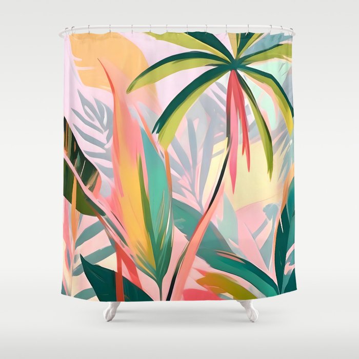 Tropical Jewels, Pastel Jungle Botanical Pastel, Bohemian Eclectic Plants Palms, Exotic Forest Nature Painting Shower Curtain Gallery Image 1