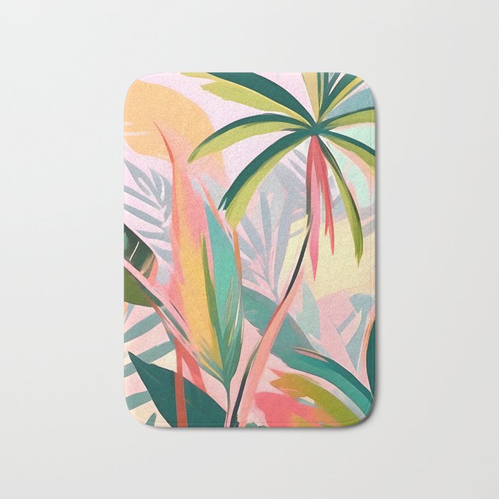 Tropical Jewels, Pastel Jungle Botanical Pastel, Bohemian Eclectic Plants Palms, Exotic Forest Nature Painting Bath Mat Gallery Image 1