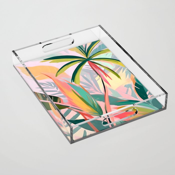 Tropical Jewels, Pastel Jungle Botanical Pastel, Bohemian Eclectic Plants Palms, Exotic Forest Nature Painting Acrylic Tray Gallery Image 1