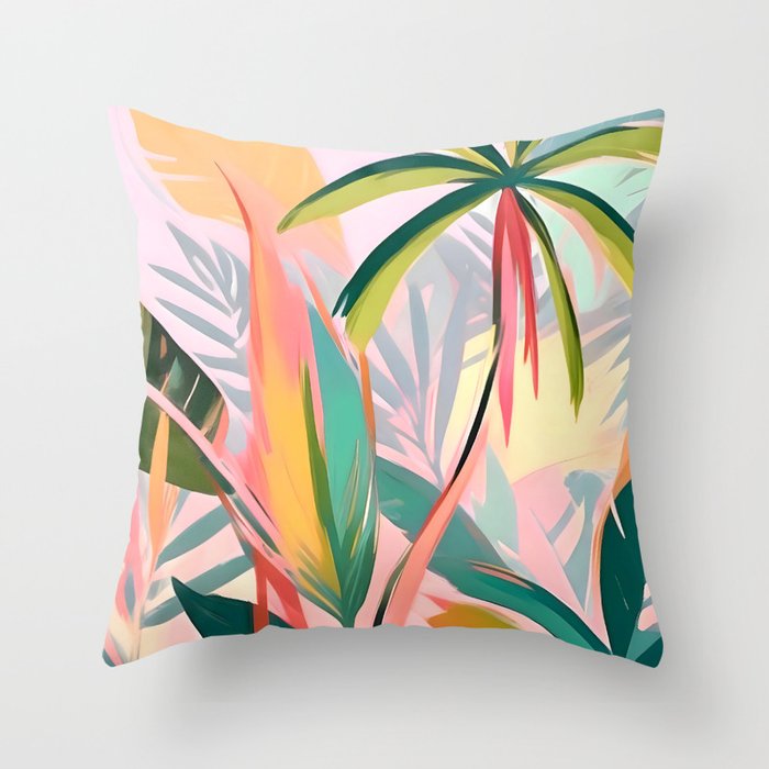 Tropical Jewels, Pastel Jungle Botanical Pastel, Bohemian Eclectic Plants Palms, Exotic Forest Nature Painting Throw Pillow Gallery Image 6