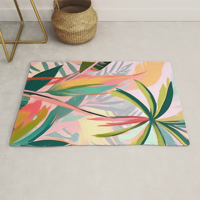 Tropical Jewels, Pastel Jungle Botanical Pastel, Bohemian Eclectic Plants Palms, Exotic Forest Nature Painting Rug Gallery Image 1