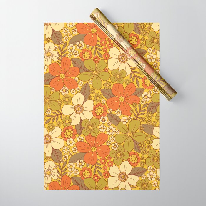 Retro 60s/70s Orange & Olive Green Floral Wrapping Paper Gallery Image 1
