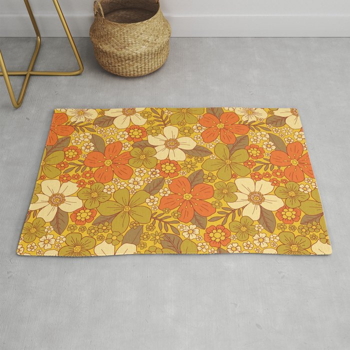 Retro 60s/70s Orange & Olive Green Floral Rug Gallery Image 1