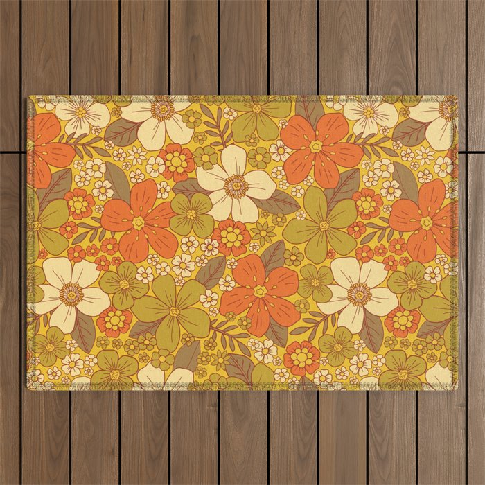 Retro 60s/70s Orange & Olive Green Floral Outdoor Rug Gallery Image 1