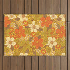 Retro 60s/70s Orange & Olive Green Floral Outdoor Rug Gallery Image 1