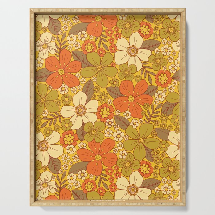 Retro 60s/70s Orange & Olive Green Floral Serving Tray Gallery Image 1