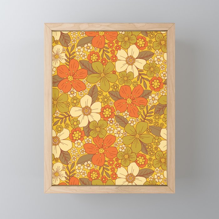 Retro 60s/70s Orange & Olive Green Floral Mini Art Print Gallery Image 1