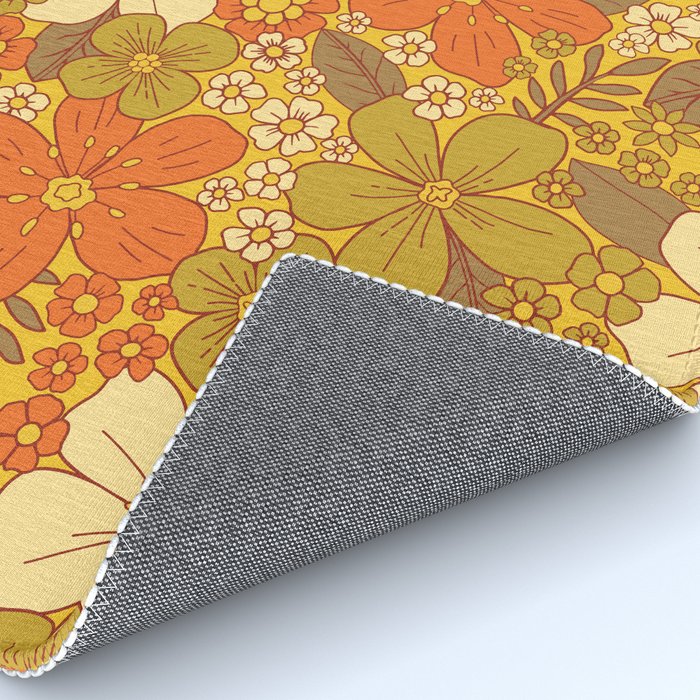 Retro 60s/70s Orange & Olive Green Floral Rug Gallery Image 4