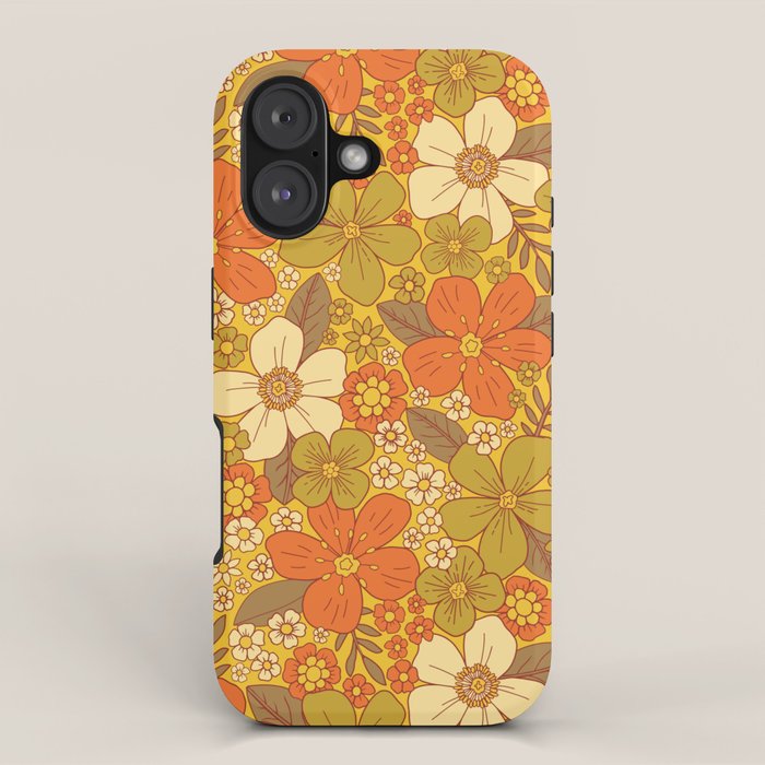 Retro 60s/70s Orange & Olive Green Floral iPhone Case Gallery Image 1