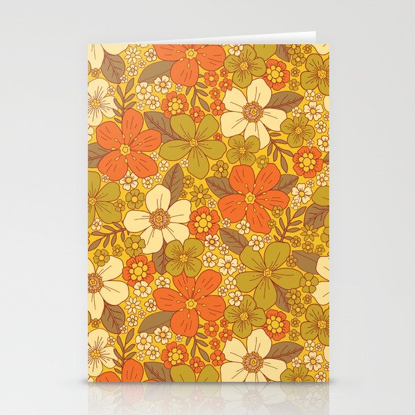 Retro 60s/70s Orange & Olive Green Floral Stationery Card Gallery Image 2