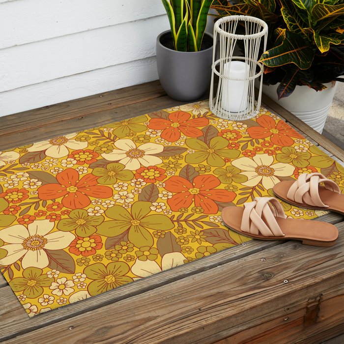 Retro 60s/70s Orange & Olive Green Floral Outdoor Rug Gallery Image 2