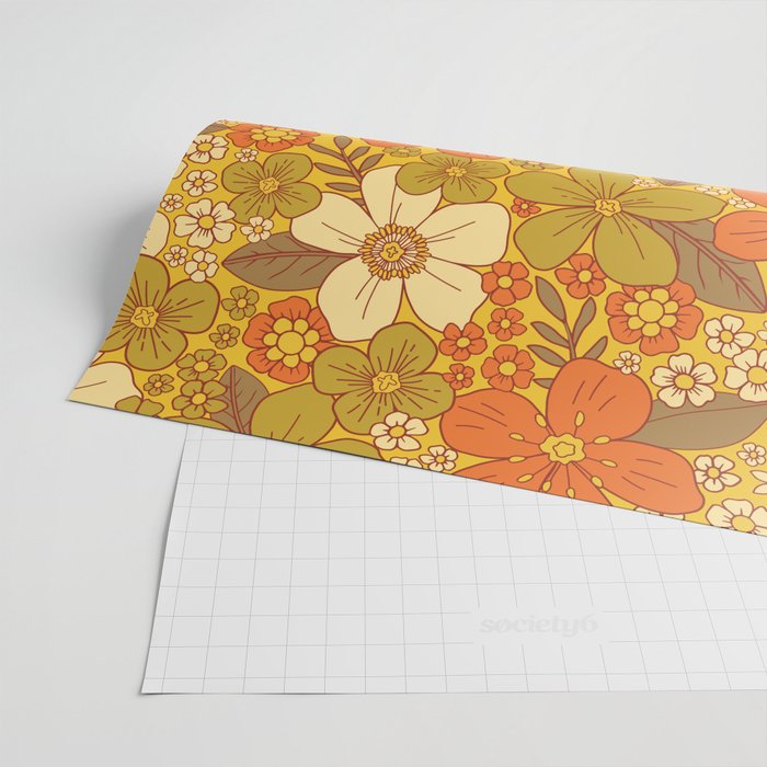 Retro 60s/70s Orange & Olive Green Floral Wrapping Paper Gallery Image 2