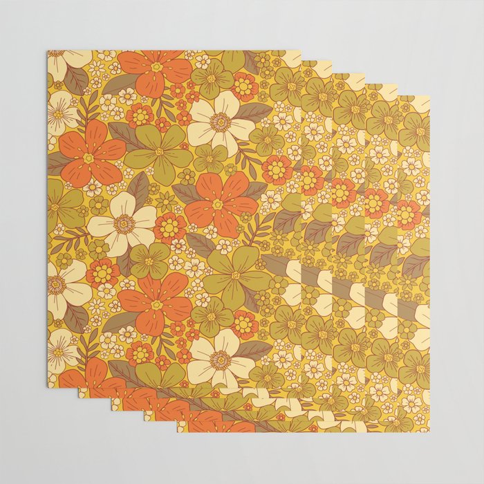 Retro 60s/70s Orange & Olive Green Floral Wrapping Paper Gallery Image 3