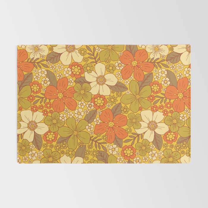 Retro 60s/70s Orange & Olive Green Floral Rug Gallery Image 2