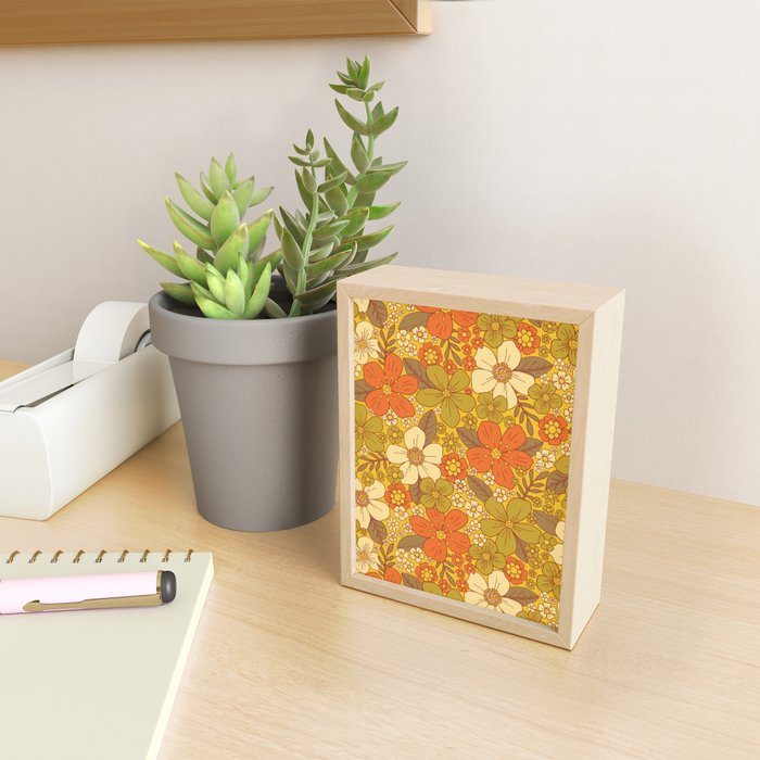 Retro 60s/70s Orange & Olive Green Floral Mini Art Print Gallery Image 2