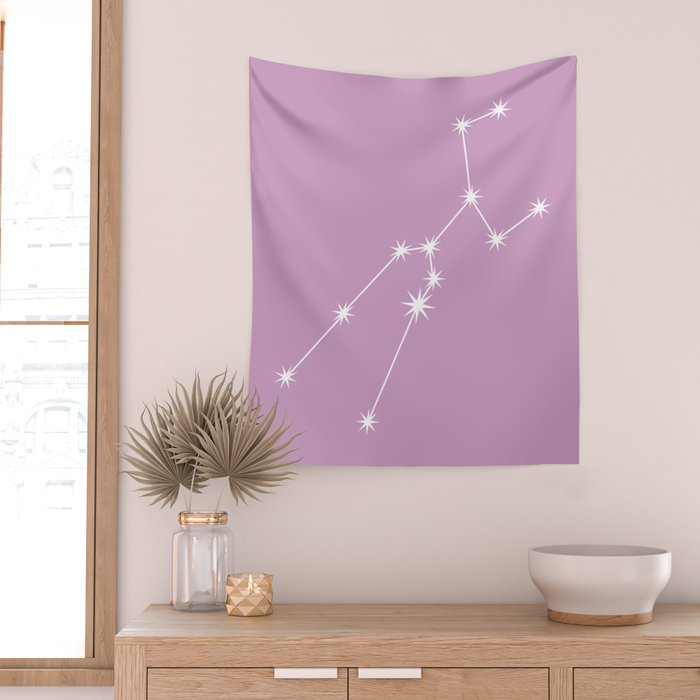 Taurus Zodiac Star Constellation Line Art Pastel Lilac Wall Tapestry Gallery Image 2