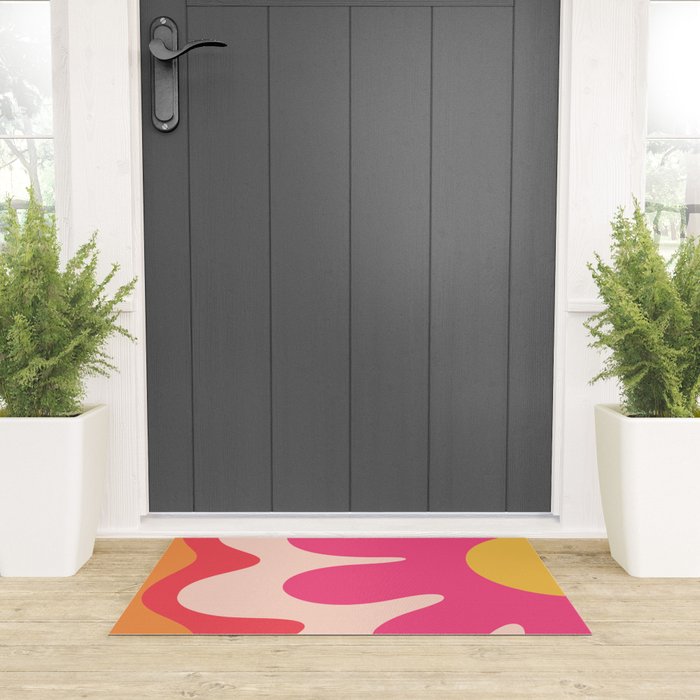 Happy Flower 60s Retro Vibe Hot Pink Orange Yellow Blush Welcome Mat Gallery Image 3