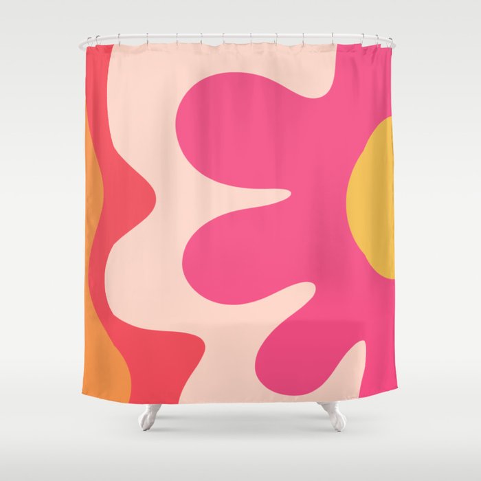 Happy Flower 60s Retro Vibe Hot Pink Orange Yellow Blush Shower Curtain Gallery Image 1