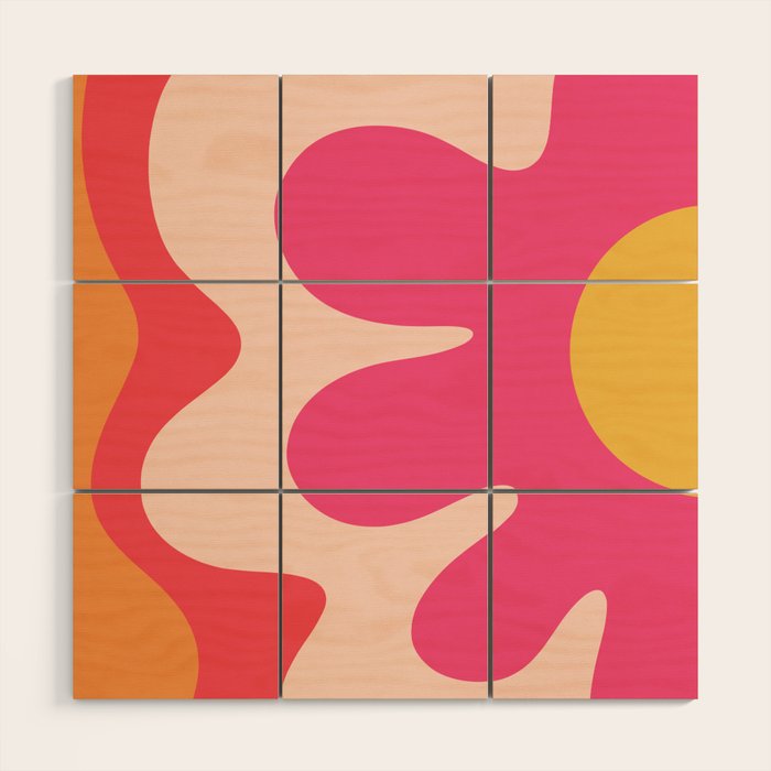 Happy Flower 60s Retro Vibe Hot Pink Orange Yellow Blush Wood Wall Art Gallery Image 1