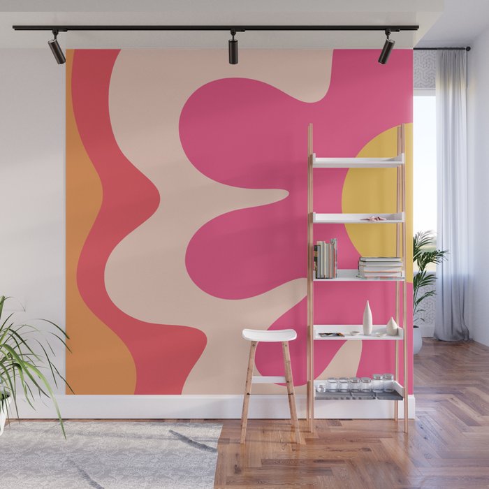 Happy Flower 60s Retro Vibe Hot Pink Orange Yellow Blush Wall Mural Gallery Image 1
