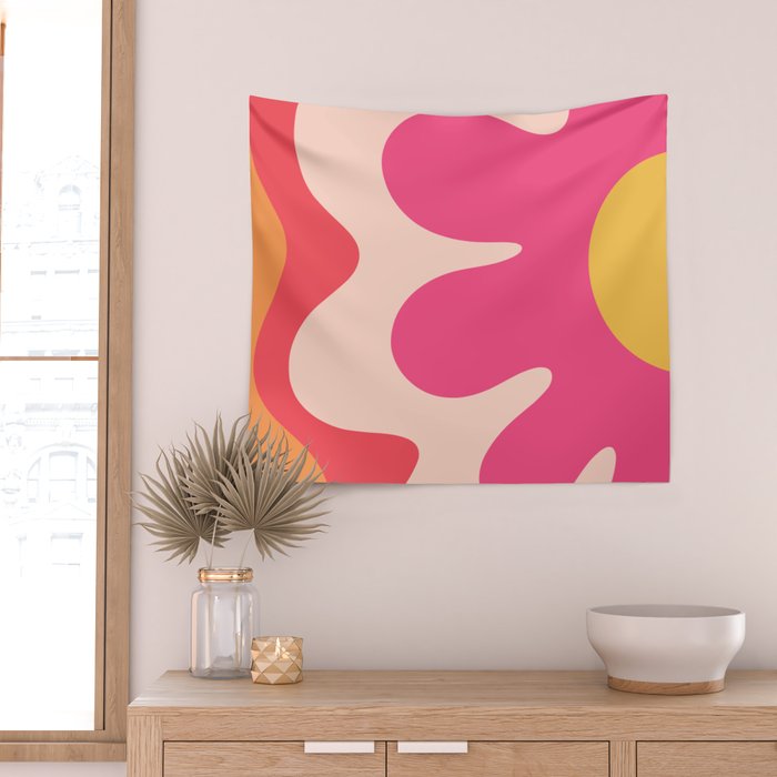 Happy Flower 60s Retro Vibe Hot Pink Orange Yellow Blush Wall Tapestry Gallery Image 2
