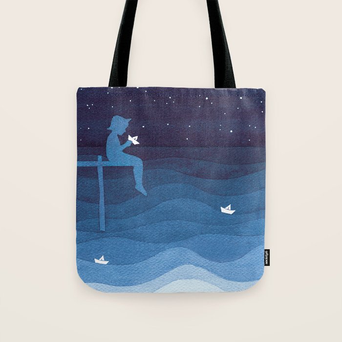 Boy with paper boats, blue Tote Bag Gallery Image 1