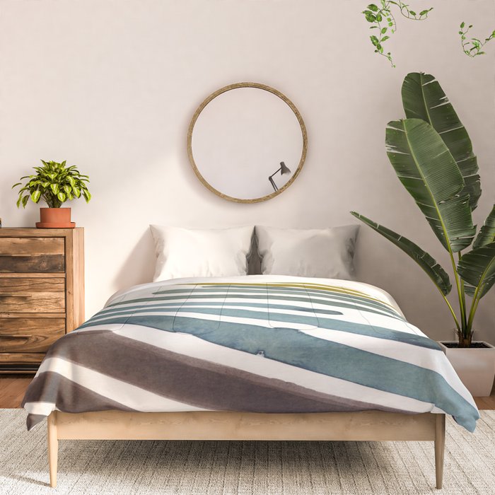 Olive Green Navy Blue Watercolor Colorful Stripes Mid Century Modern Art Primitive Abstract Art Comforter Gallery Image 3