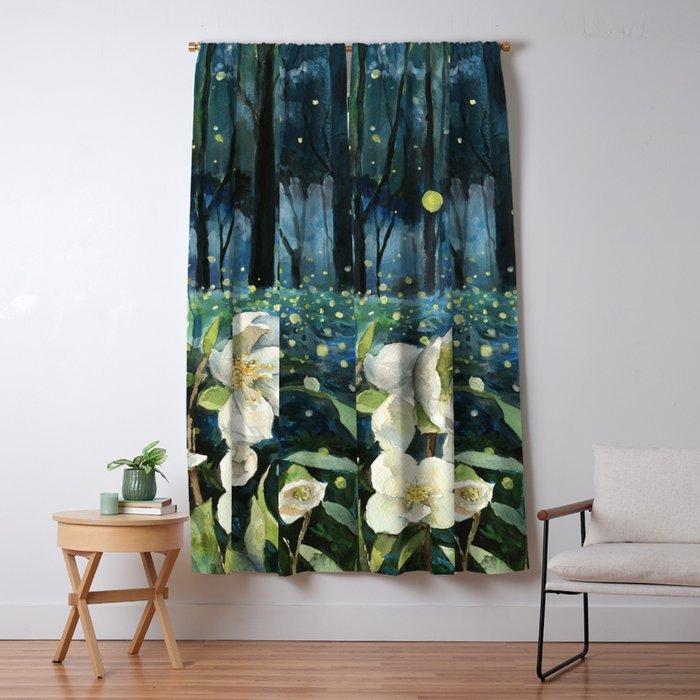 Magical Forest at Night, Fireflies and Helleborus Window Curtain Gallery Image 1