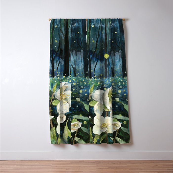 Magical Forest at Night, Fireflies and Helleborus Window Curtain Gallery Image 3