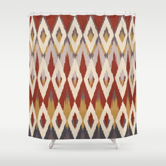 Boho Geometric, Ikat Pattern, Red, Blue, Yellow Shower Curtain Gallery Image 1